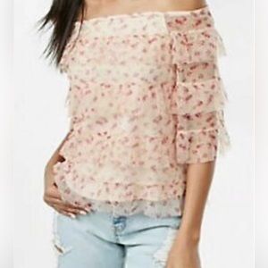Express Tiered Off the Shoulder Ruffle Top Blush/Peach/Pink w/Roses - Small